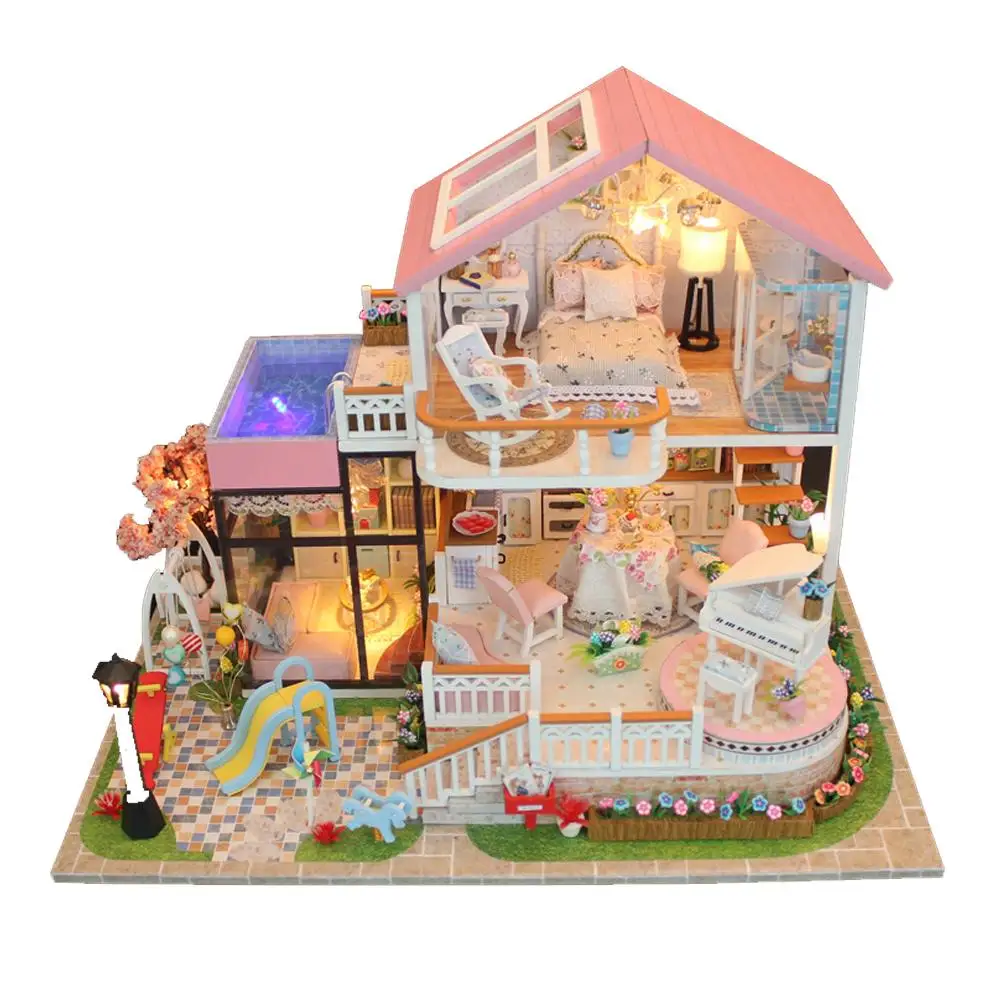 LED Light Doll House Miniature DIY Dollhouse Handmad Wooden Furnitures Pretend Play House Toy For Children Birthday Gift