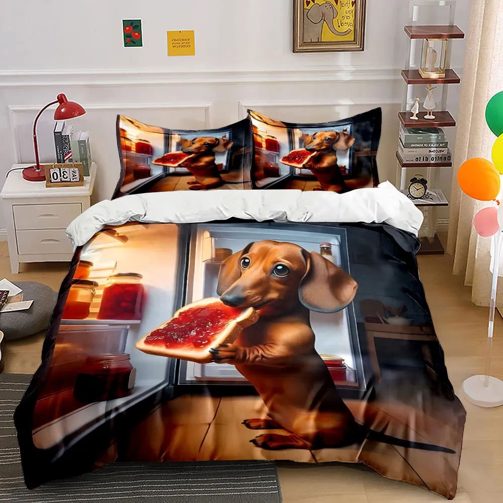 Cute dog eating jam toast Print Bedding Set 1 Duvet Cover 2 Pillowcases for Adult and Children Luxury Gift Full Size