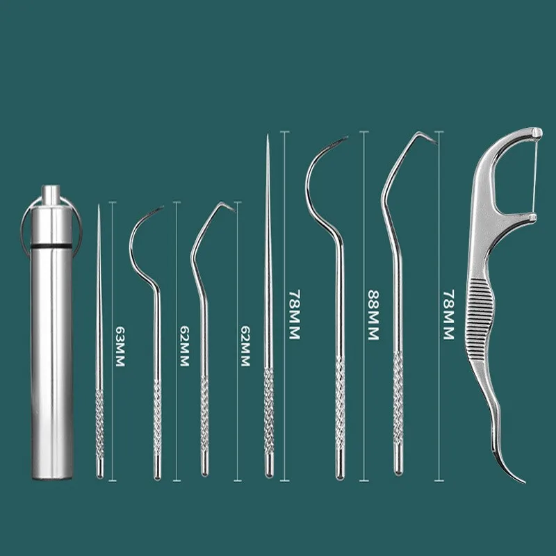 Zahnstocher-Set aus Edelstahl, tragbares Zahnstocher-Zahnseide-Zahnstein-Entfernungswerkzeug, wiederverwendbares Zahnreinigungsset für die Mundreinigung