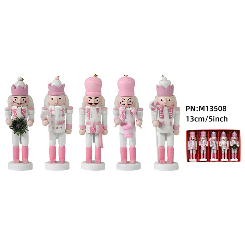 1Pc 13CM White&Pink Wooden Nutcracker Puppet Soldier Pendant Vintage Crafts Ornament Christmas New Year Home Decoration