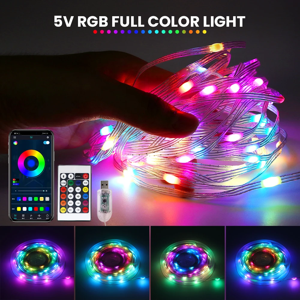 

USB Power Smart RGB Strip Light 5V Bluetooth App Control Fairy LED String Light IP65 Waterproof Garland Lamp for Christmas Decor