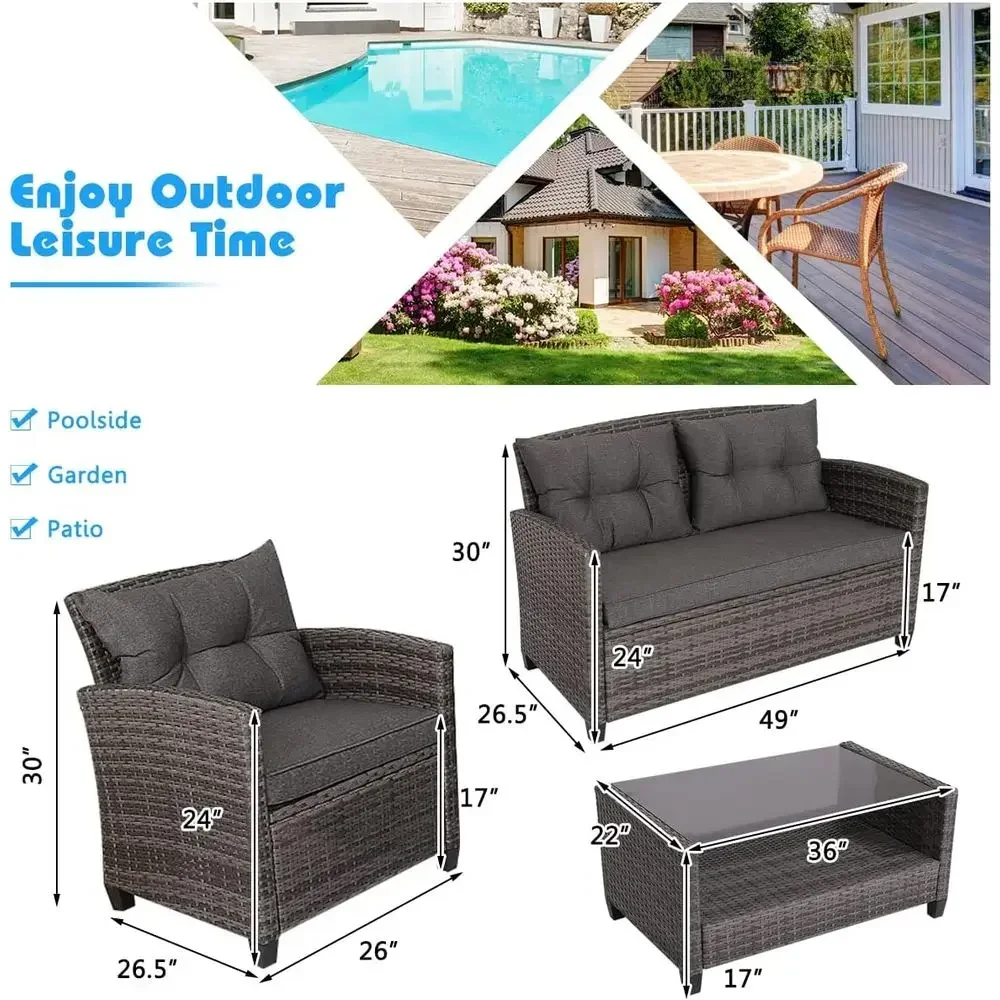 Grey Outdoor Patio Furniture Set: 4-Piece Wicker Rattan Chairs with Cushions and Glass Coffee Table