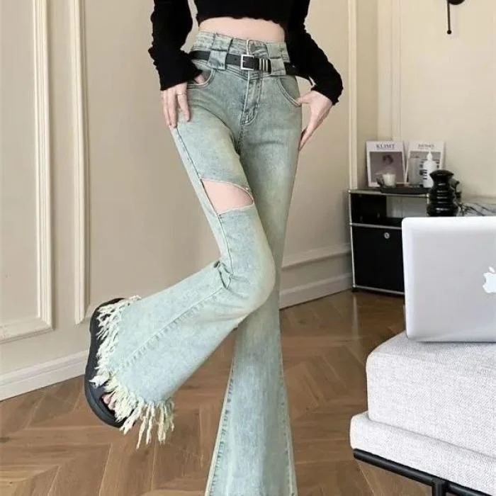 

Light Blue Bell Bot Jeans Women's Spring Autumn High Waist Retro Slimming Frayed Small Size Bell Pants Cotton Casual