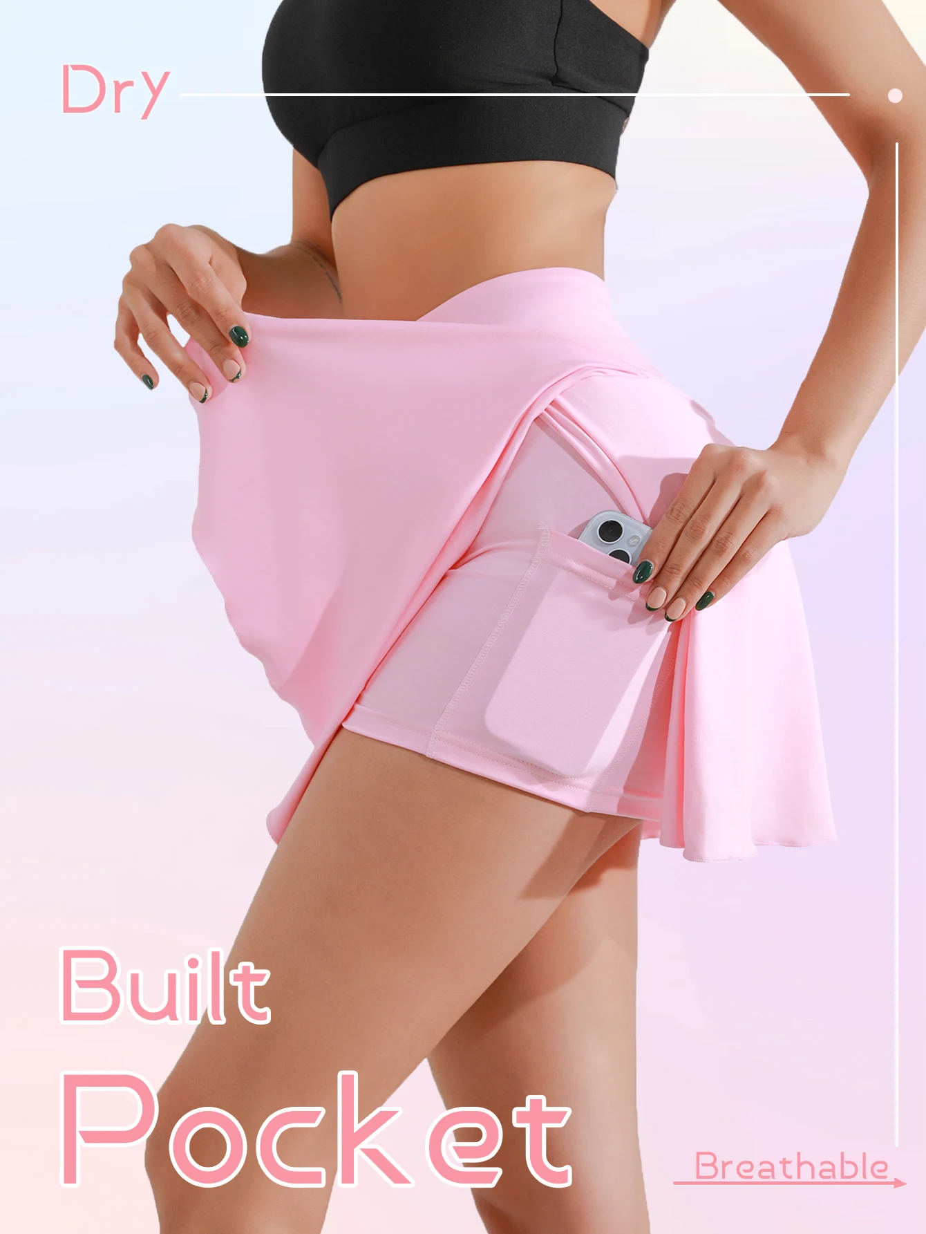 【Pack da 2 gonne a vita alta】Gonne da tennis incrociate sul davanti da donna, gonne sportive nere + rosa elastiche in vita con pantaloncini incorporati, golf