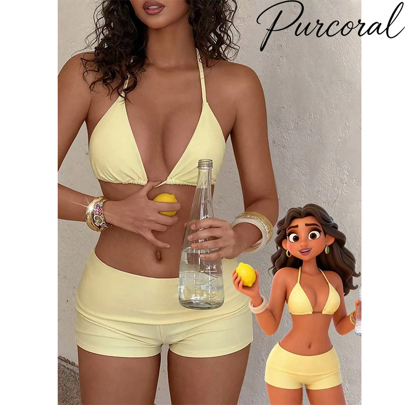 Purcoral 2 Piece Bikini Set Women Halter Triangle Swimsuit Solid Color 2026 New Summer Beach Swimming Bathing Suit