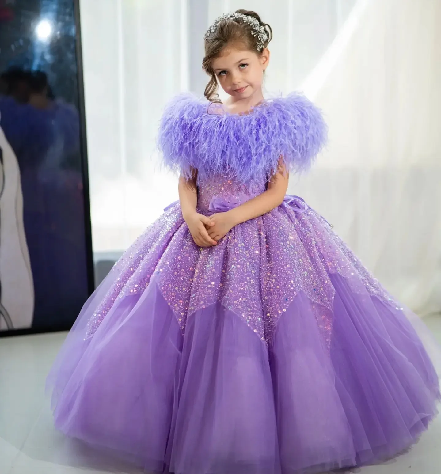 

Фиолетовое тюлевое платье принцессы с пайетками для девочек и воротником с перьями - бальное платье для вечеринки, свадьбы, дня рождения, специального Occa