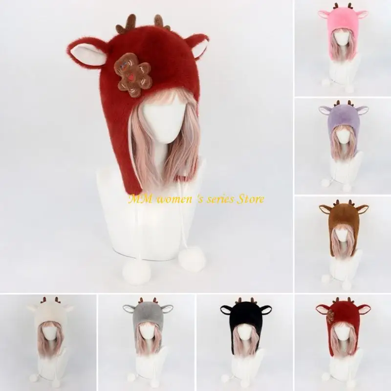 

Q39C Women Ear Flap Hat Christmas Theme Plush Ear Flap Hat Warm Winter Ski Hat for Christmas Party Halloween Cosplay