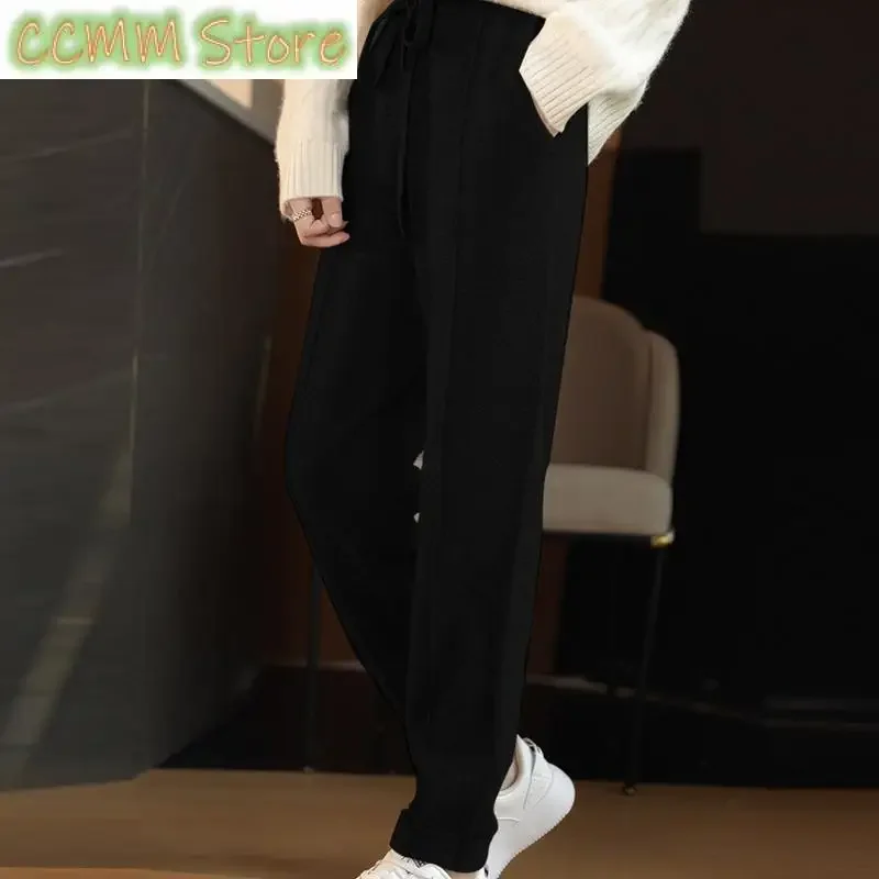Women's mid seam cashmere pencil pants, pure wool warm pants, autumn and winter high-quality elastic waist drawstring pants