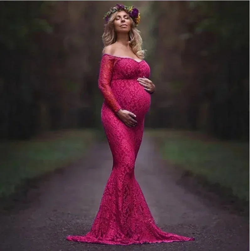 

Maternity Lace Photography Props Long Dress V-neck Pregnancy Dresses Elegant Pregnant Women Maxi Gown for Photo Shoot