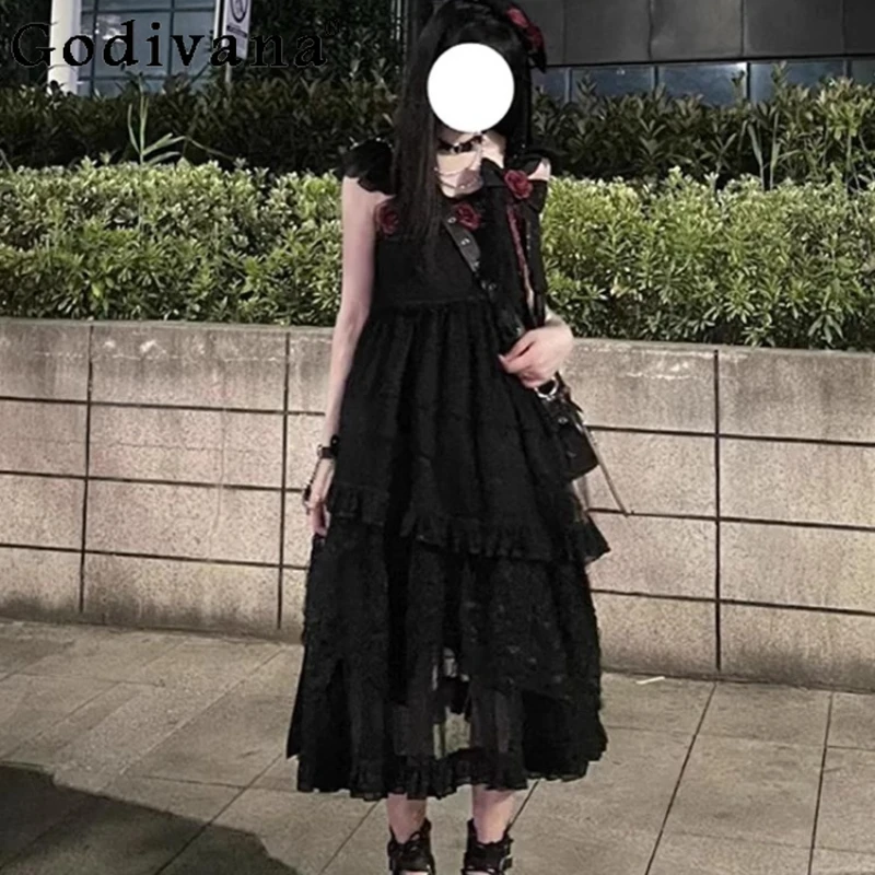 블랙 로즈 로리타 Jsk 드레스 여성 꽃 웨딩 Cos 드레스 여성 민소매 귀여운 공주 새해 인사말 드레스