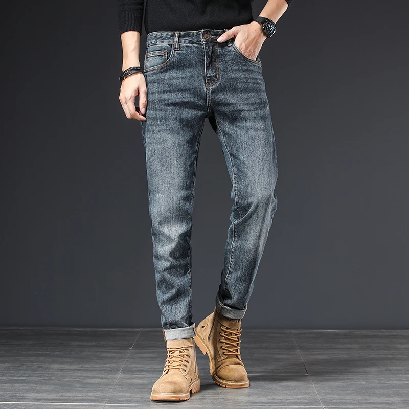 

Retro Stretchy Slim Fit Straight Leg Men's Jeans Casual Wear mid Waist Cotton Stretch Denim Youthful Sle Autumn Wear