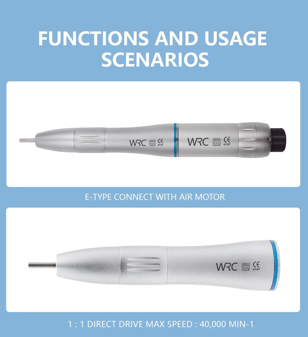 WRC Dental Inner Channel Low Speed Handpiece Set 1:1 Direct Drive Fiber Optic Contra Angle Straight Handpiece Air Motor 40000rpm