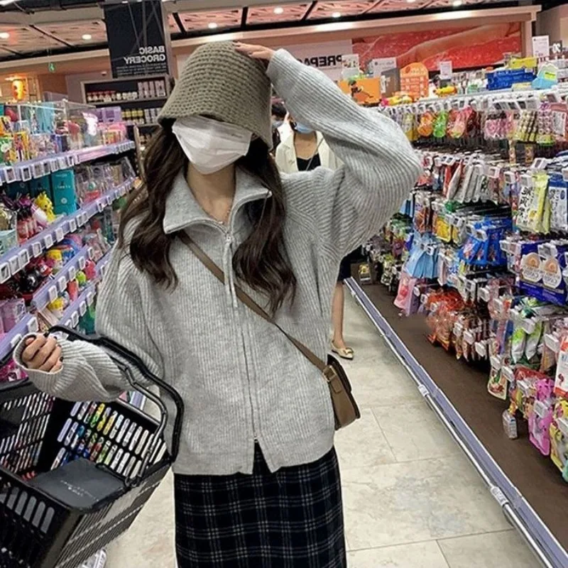 

Women Clothes Autumn Winter Fashion Korean Zipper Solid Color Knitting Female All-match Temperament Knitting Loose Cardigan Tops