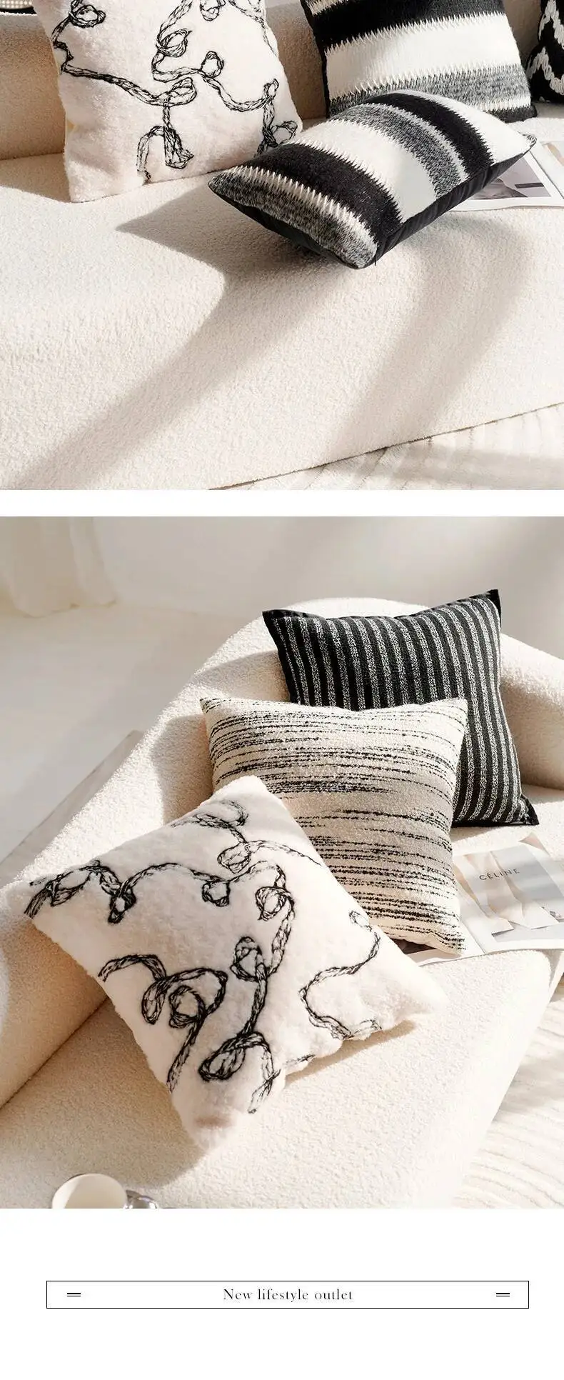 Schwarz-weiße luxuriöse Vintage-Kissenbezüge mit Stickerei, moderne Chenille-Kissenbezüge aus weichem Kunstfell, dekorative Kissenhüllen für Sofa- und Bettdekoration – Detail 10