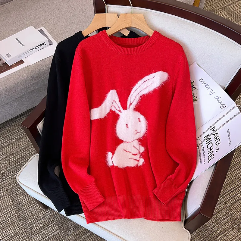 

170Kg Plus Size Women's Bust 160 Spring Autumn Loose Pullover Rabbit Knitted Sweater Black Red 5XL 6XL 7XL 8XL 9XL10XL