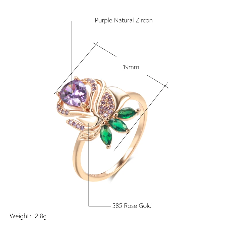 Kienl Vintage Purple Natural Zircon Ring for Women High Quality Fine Daily Jewelry 585 Rose Gold Color Crystal Flower Big Ring