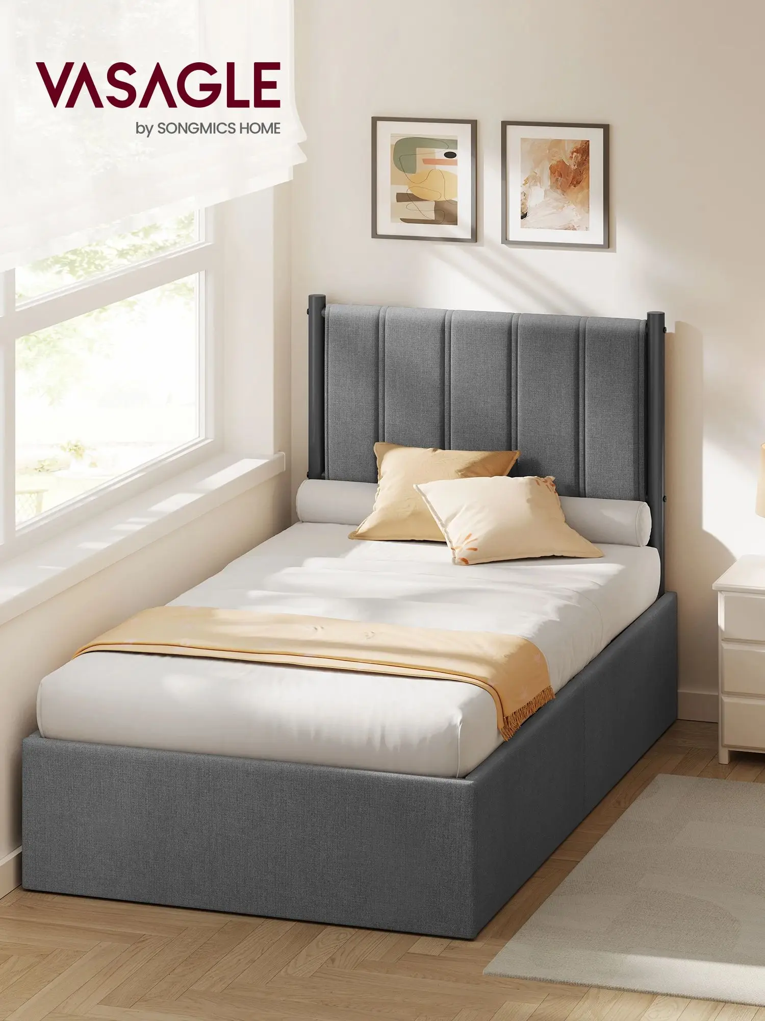 VASAGLE bedframe, 90x200 cm, opklapbaar lattenbodem, onder het bed, met hoofdbord, grijs - afbeelding 2