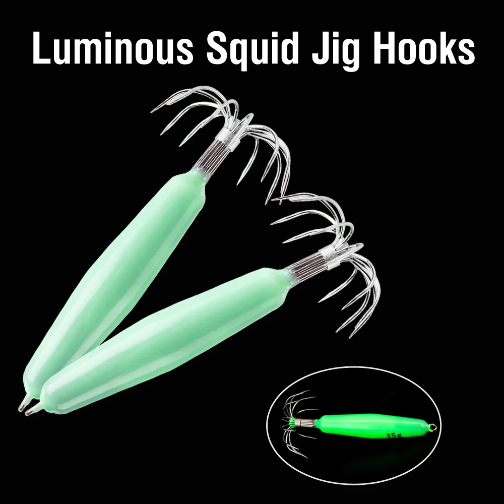 3 Stück Leuchtende Jighaken 12~35g Tintenfisch-Jigköder aus Edelstahl mit fluoreszierenden Nadeln, im Dunkeln leuchtende Angelköder – Detail 6