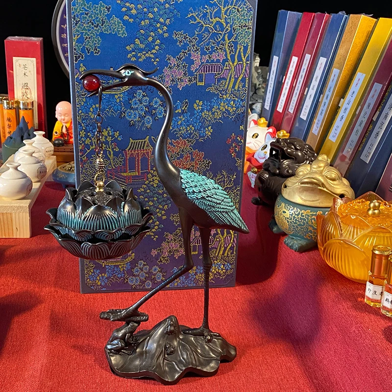

Pure Copper Red Pearl Crane Incense Burner Traditional Decor for Desks & Copper Ornaments Elegant Home Accent