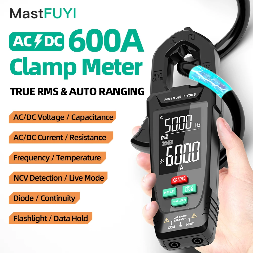 MASTFUYI Pinza amperometrica digitale automatica a grande schermo Amperometro portatile Multimetro a pinza 10000 conteggi Vero RMS con rilevamento NCV