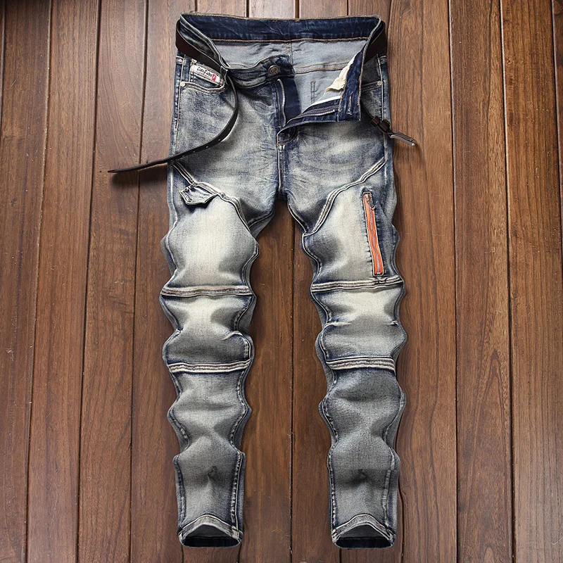 

Men's Stretch Slim-fitting Tapered Jeans, Fashionable Vintage Distressed Washed Stitching Hip-hop Pants, Y2k Clothing