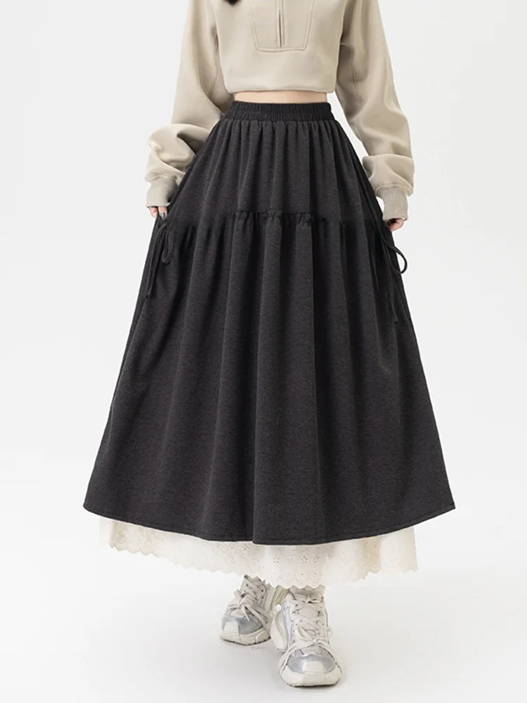 Saia Bla de Cintura Alta em A com Painéis de Renda e Cinto Primavera 2026 Moda Feminina Ciwalk Ajuste Solto com Zíper
