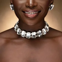 2pcsExaggerated Square Rhinestone Choker Necklace Set Trend 2023 Large Crystal Stud Earrings Wedding Party Jewelry Set for Women