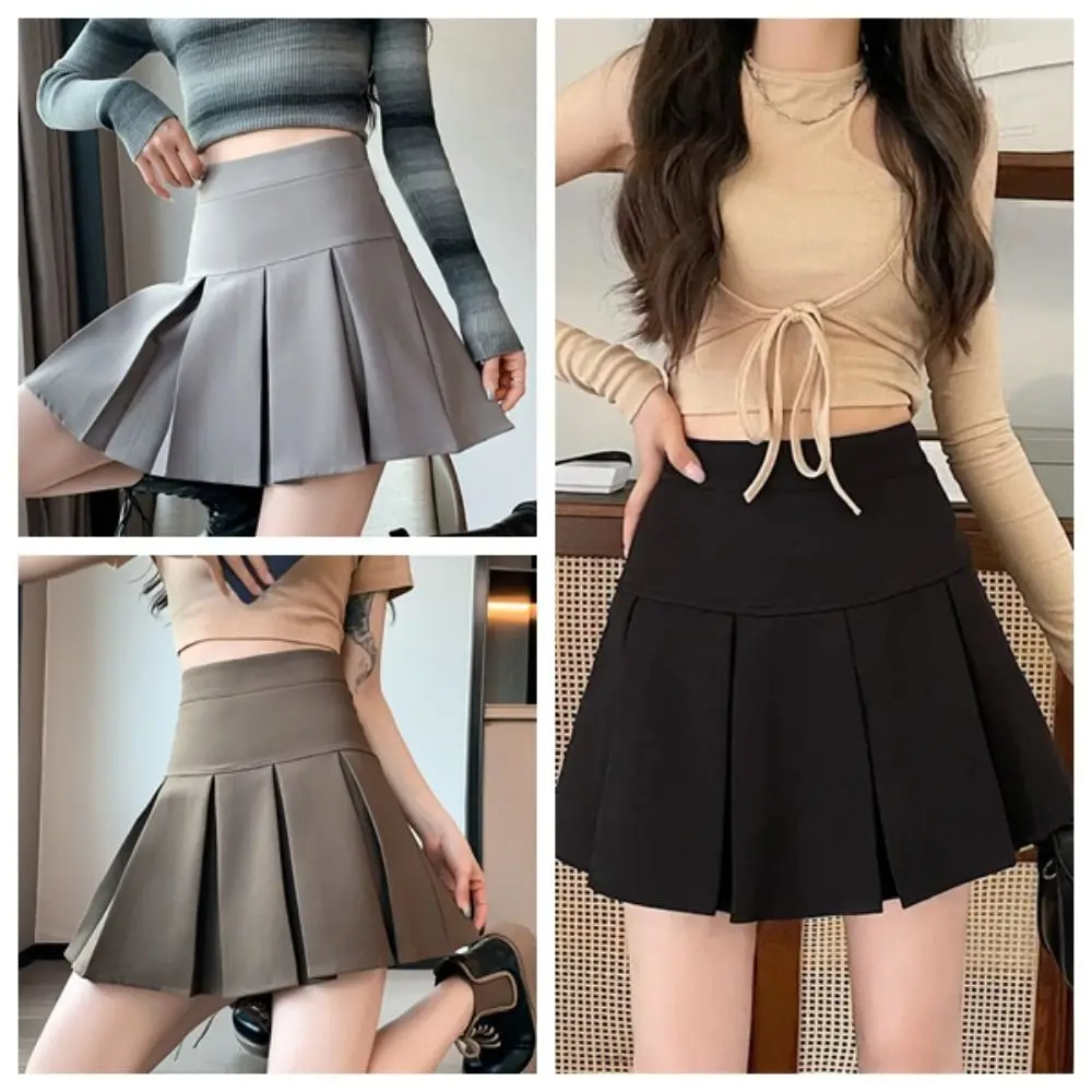 Minifaldas plisadas de cintura alta, Vestido corto de Color sólido, corte en A, Falda corta JK Y2k, faldas simples con pantalones de seguridad para verano