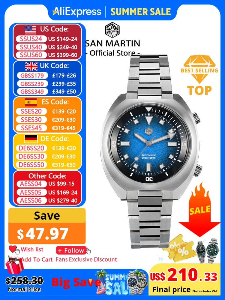 

San Martin 2025 Grained Dial 42mm YN55 Automatic Mechanical Men Diver Watch Internal Bidirectional Rotating Bezel 20 Bar SN0066