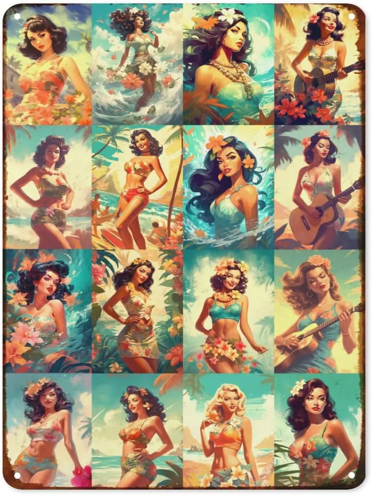 Vintage Pinup Girl Tin Sign Hawaii Sexy Girls Metal Tin Signs, Funny Metal Sign Retro Wall Decor Art for Home Bar Garage Pu sign