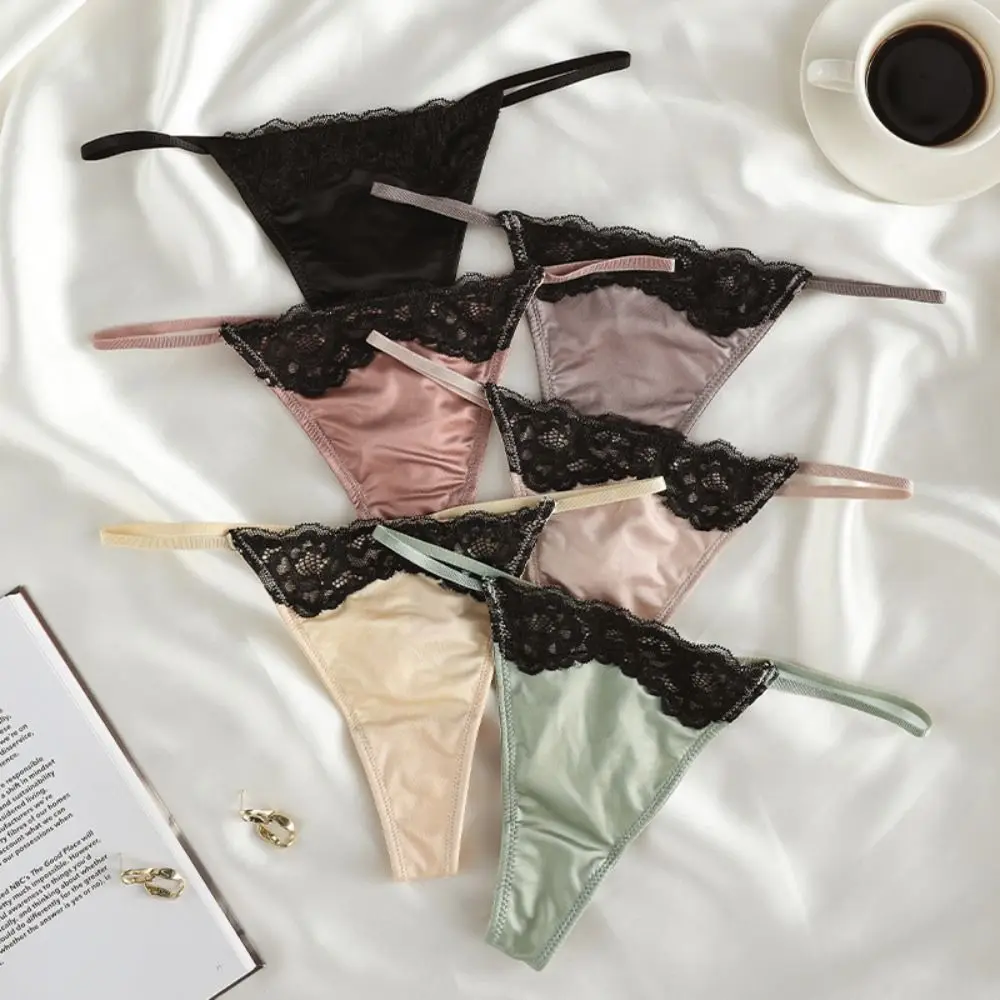 Patchwork Seamless Lace Briefs Thin Belt Underpants Lace Ice Silk Panties Cotton Crotch Underwear Women's Lace Satin Silk Thong