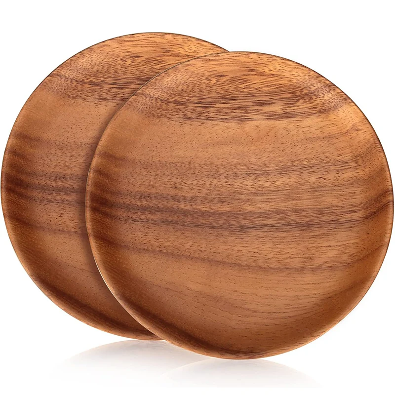 

2Pcs 8 Inch Round Acacia Wood Plates Wooden Dinner Plate Sushi Serving Tray Light Luxury Dishes Plates for Cake Dessert Snack