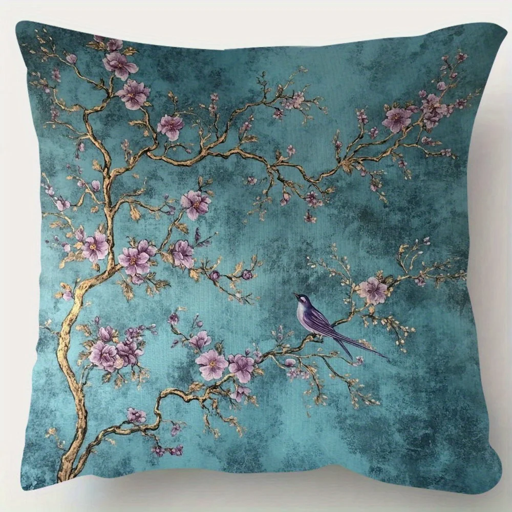 1PC Teal Purple & Gold Chinese Style Flower & Bird Pattern Pillow Cover (Pillow Insert Not Included)