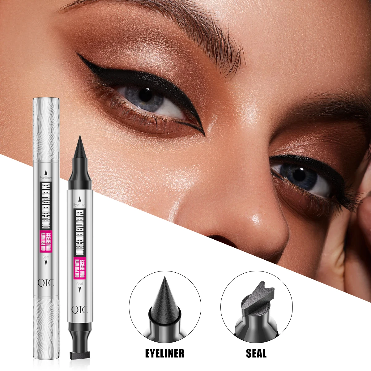 QIC ブラックスタンプアイライナーペンシル両端防水速乾性長期持続リキッドアイライナーメイクアップアイ化粧品