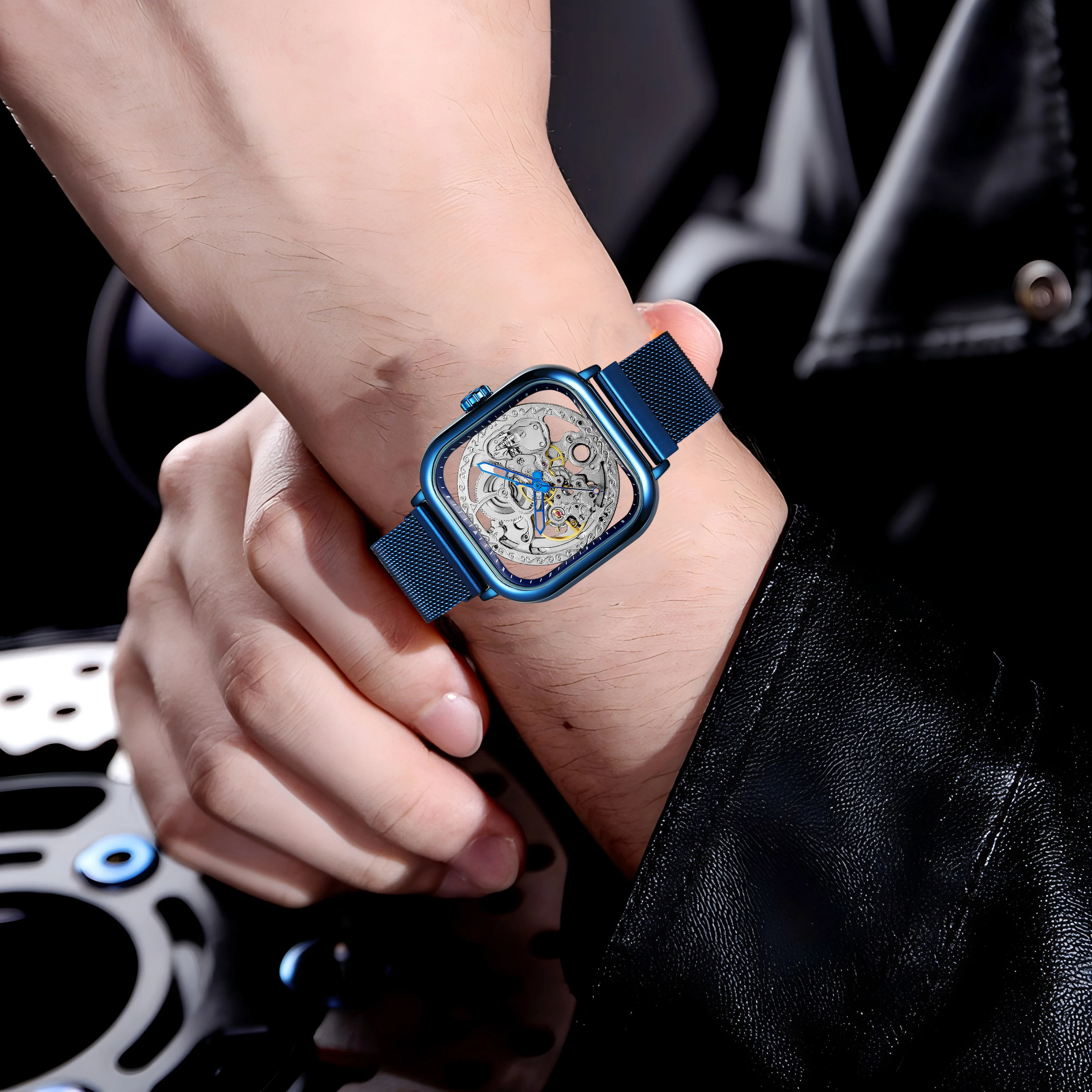 FORSINING Blue Engraved Men Automatic Skeleton Mechanical Watches Luminous Hands Hollow Carving Casual Mesh Steel Band Man Clock