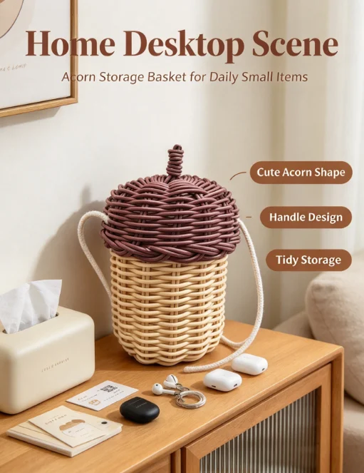HTMCK New Acorn-shaped Storage Basket Hand-woven Round Rattan Bag Bucket Tropical Beach Style Woven Shoulder Bag Photo Props