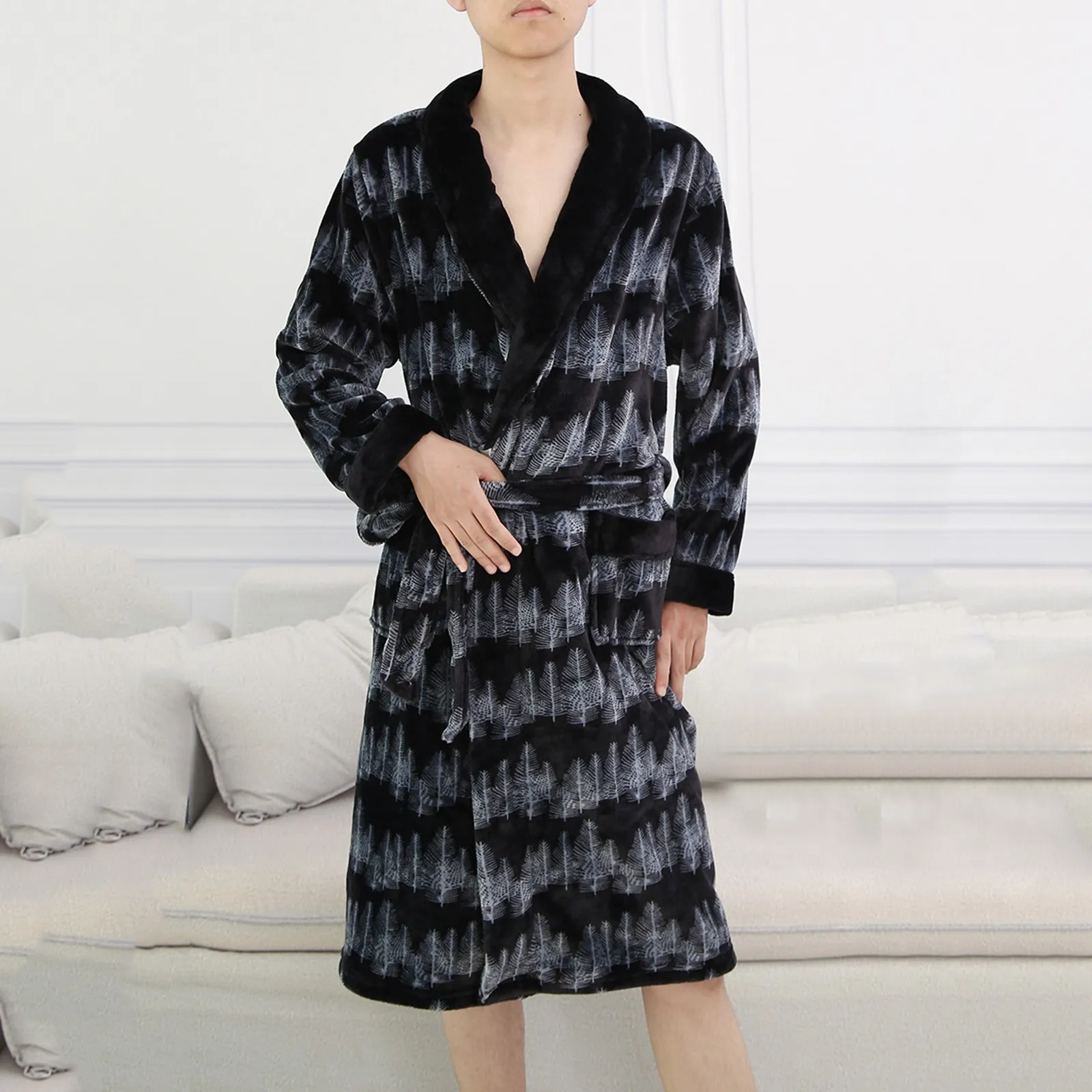 Mens Bathrobe Autumn Winter Flannel Pajamas Loose Zippered Thick Nightgown Lounging Suit Pajamas Home Service Bathrobe Kimono