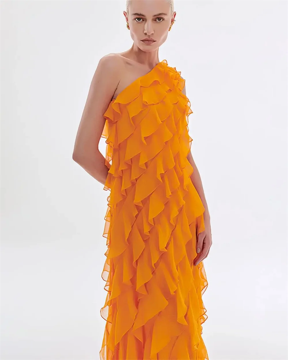 Sansa-vestidos formales sin mangas para fiesta, ropa de noche de gasa con un hombro descubierto, color naranja, elegante, hasta el suelo, 2024