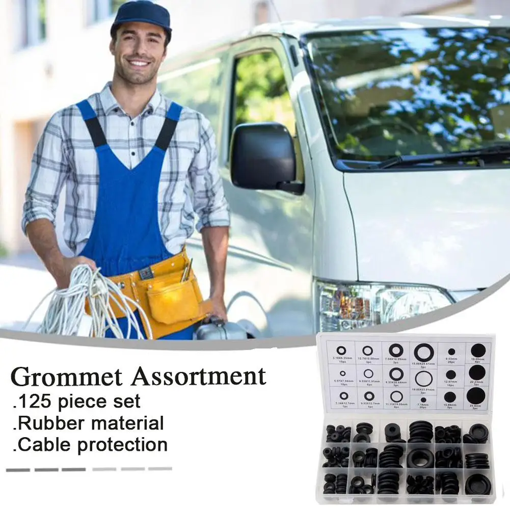125pcs Rubber Grommet Assortment Kit Black Wire Grommet Set for Cable Hole Anti-Vibration Rubber Gasket for Automotive, Plumbing
