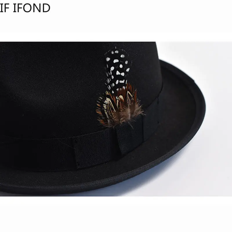 Fashion Men Woolen Blend Fedoras Hat with Feather British Style Trilby Jazz Hats Panama Party Wedding Hat sombreros de mujer