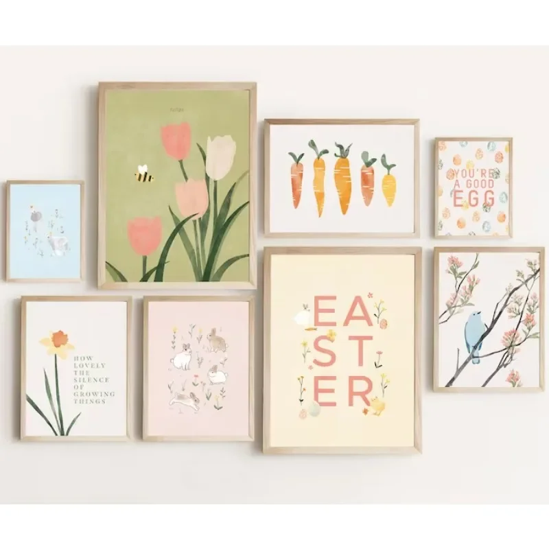 Morandi Light Boho Wall Art Easter Flower Carrot Alphabet Print Canvas Painting Danish Pastel Home Decor Gallery Bedroom Post