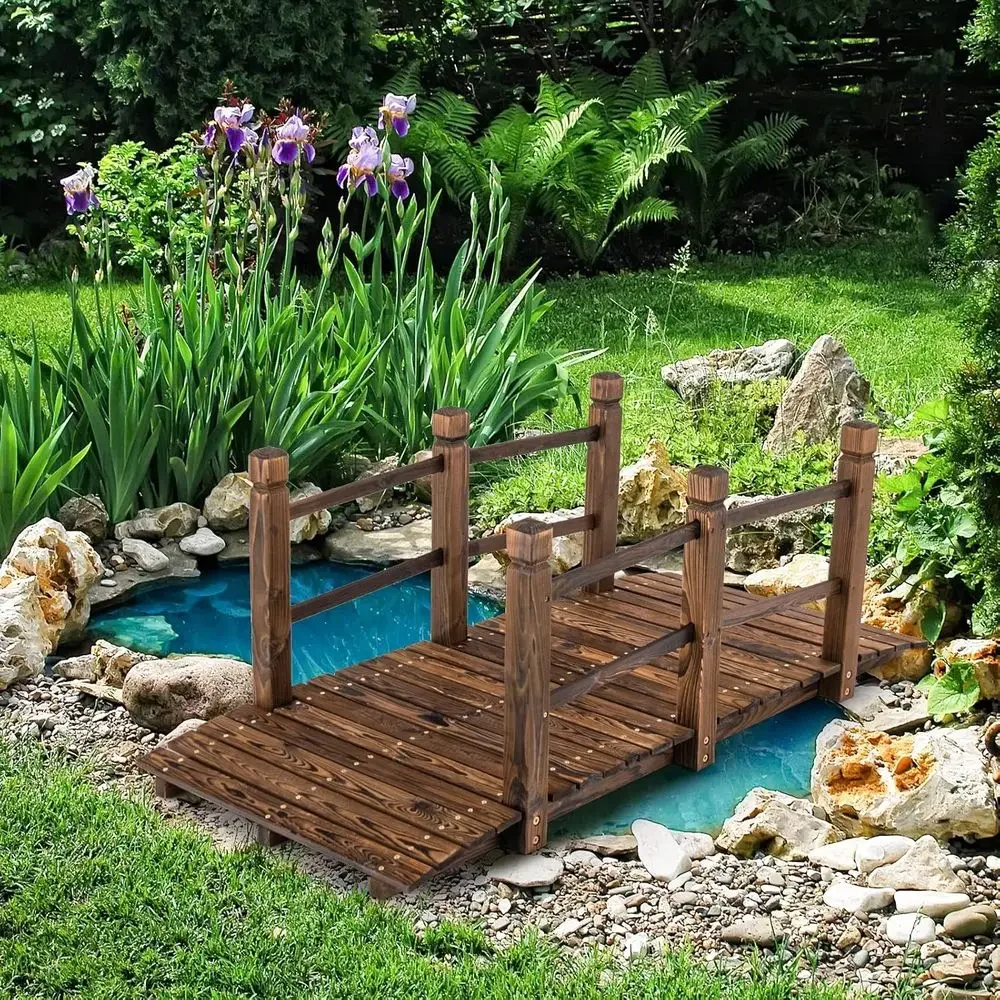 5ft Wooden Arch Bridge with Double Safety Rails for Outdoor Garden, Backyard, or Gravel Pathway (Stained Wood)