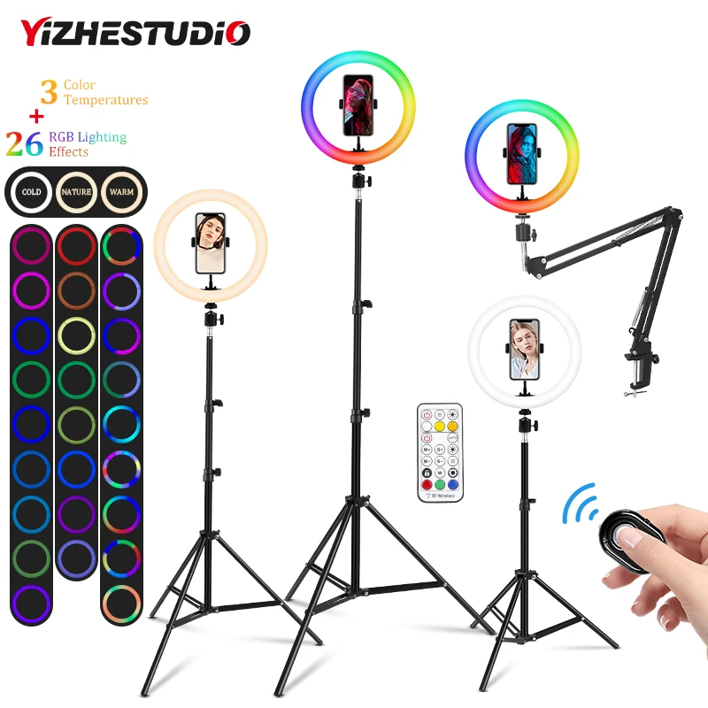 Photo LED Ring Light 26cm Selfie Ring Lamp with Tripod Phone Clip Dimmable RGB Video Fill Light of YouTubeMakeup Video Streaming