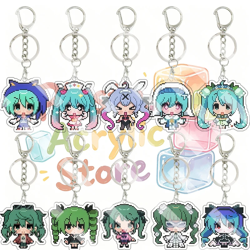 Kawaii Cute Hatsune Miku Pixel Style Acrylic Keychain Q Version Virtual Singer Anime Cartoon Character Bag Pendant Accessory Toy