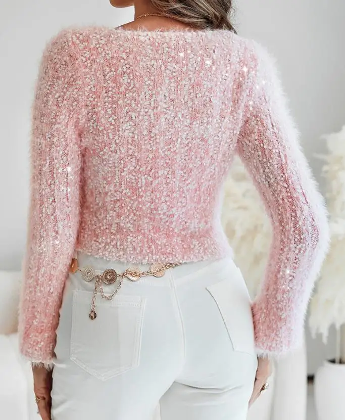 

Women's Sweater Temperament Female Daily Clorhes Autumn & Winter Fashion Skew Neck Bell Sleeve Textured Fuzzy Knit Top for Women