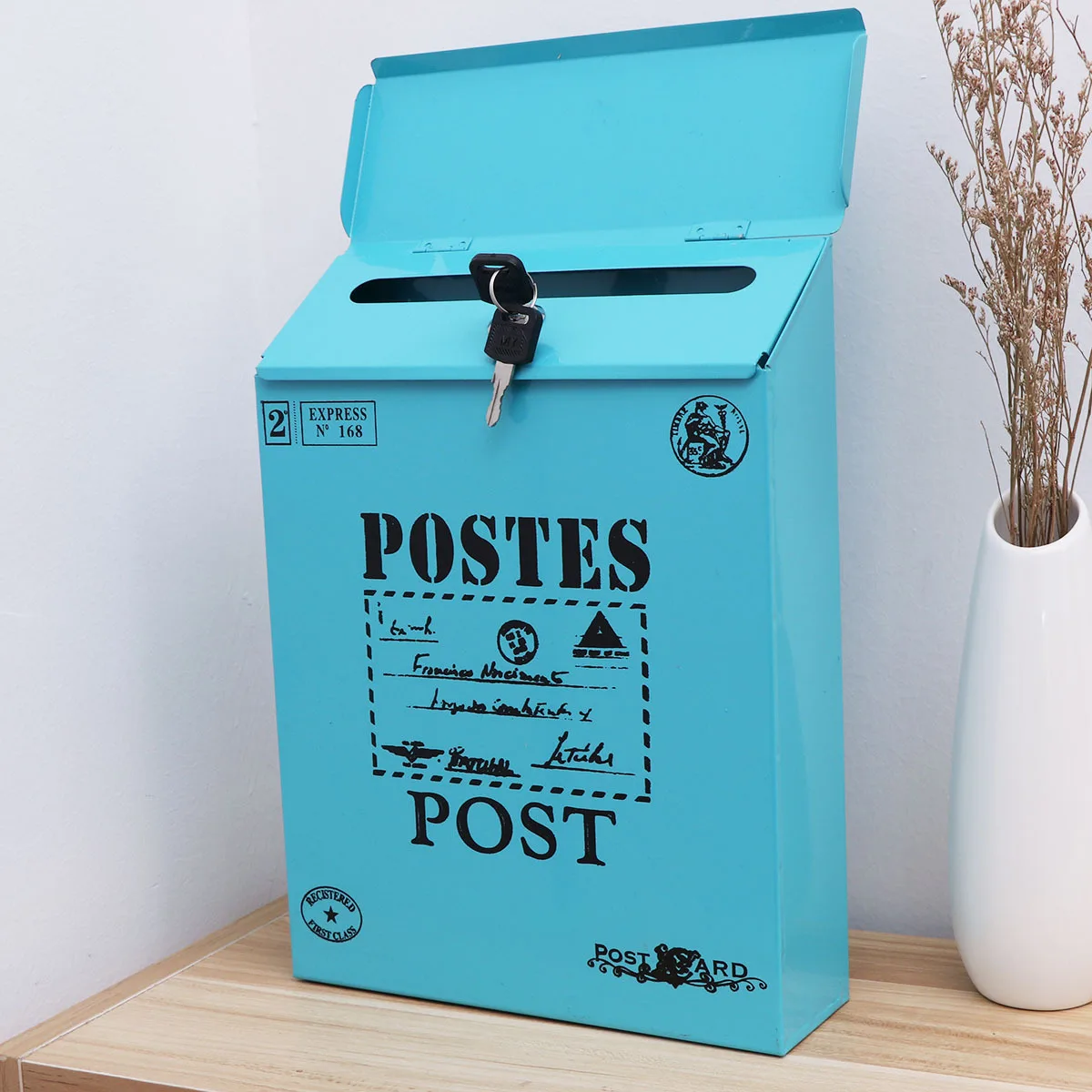 

Wall Hanging Iron Post Box Blue Vintage Locking Mailbox Letter Printing Design Old Style Home Wall Decor Post Box