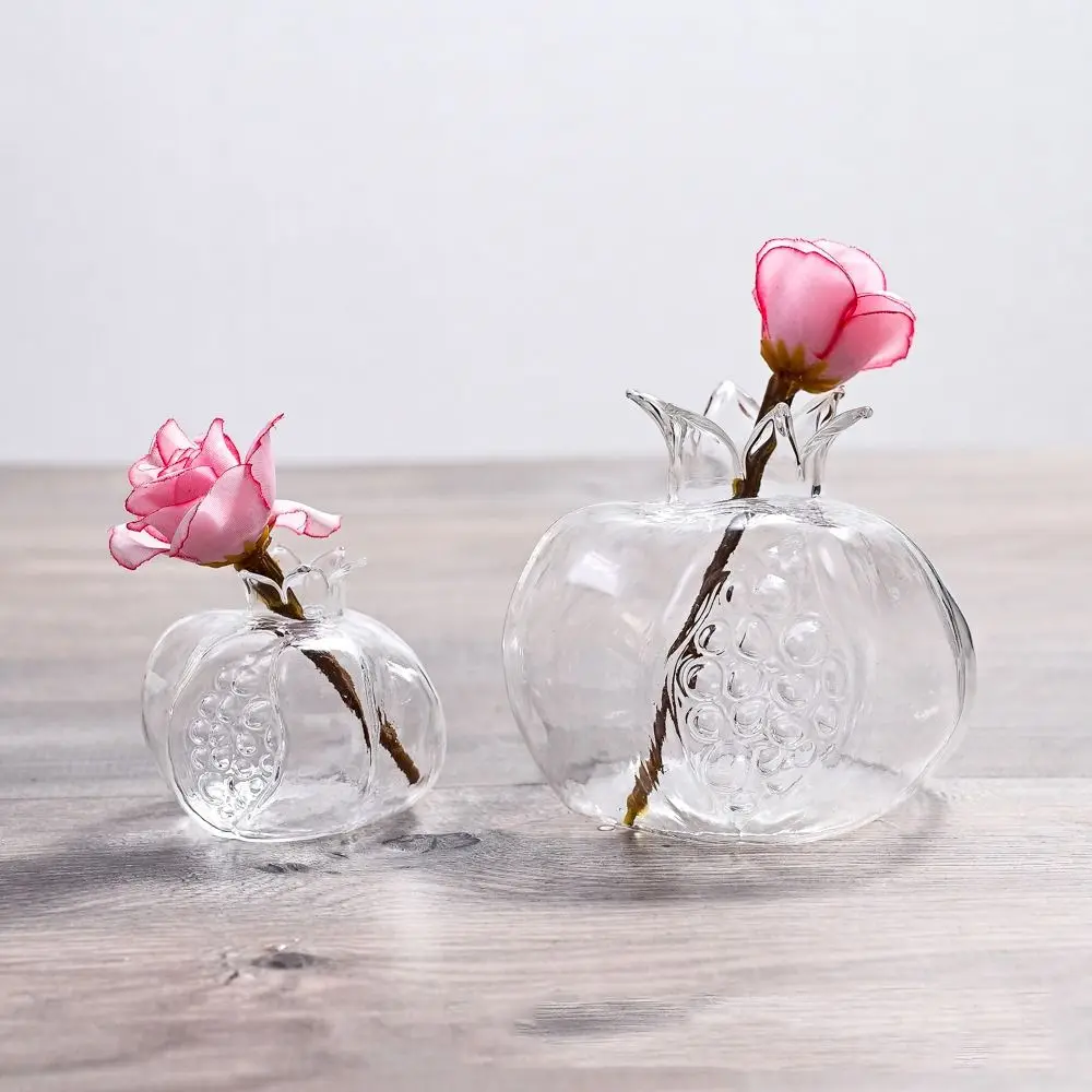 Mini Red Pomegranate Glass Vase Transparent Glass Hydroponic Flower Vase Handmade Hammer Pattern Fruit Vase Desktop