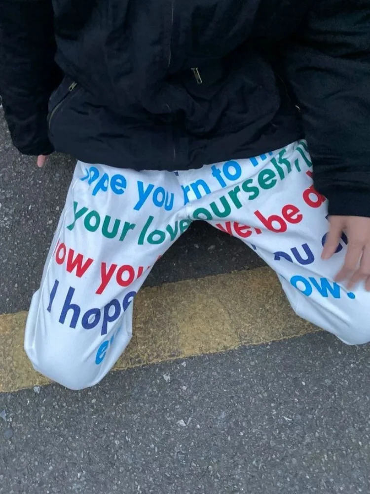 2025 American Retro Y2K Style Letter Printed White Baggy Jeans Pants For Men Clothing Straight Streetwear Cotton Long Trousers