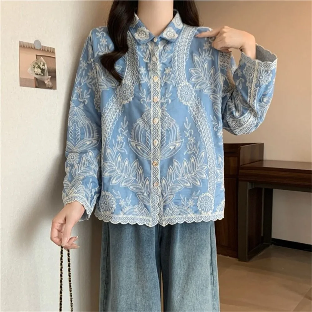 Bright Color Ethnic Style Blouse for Women Sweet Irregular Hem Embroidery Lace Top Lapel Chic Floral Shirts Vacation