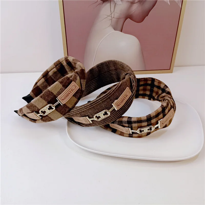 British Bear Plaid Crossed Hair Accessories Headbands For Women High Quality Retro Coffee Brown English Plaid Hair Band Scrunchy